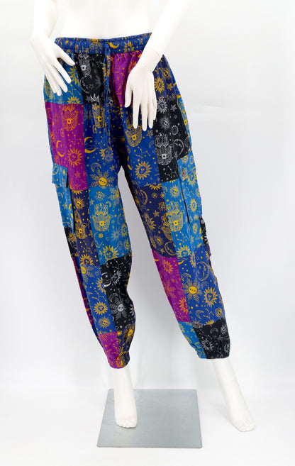 Celestial Print Patchwork Pants | Cotton Cargo Harem Pants