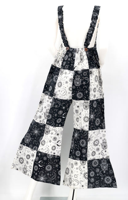 Celestial Patchwork Overalls | Sun, Moon & Stars Wide Leg Jumpsuit