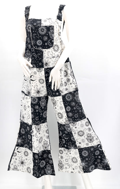 Celestial Patchwork Overalls | Sun, Moon & Stars Wide Leg Jumpsuit