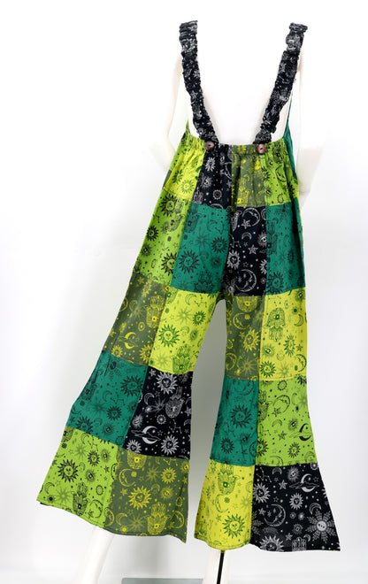 Celestial Patchwork Overalls | Sun, Moon & Stars Wide Leg Jumpsuit