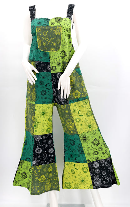 Celestial Patchwork Overalls | Sun, Moon & Stars Wide Leg Jumpsuit