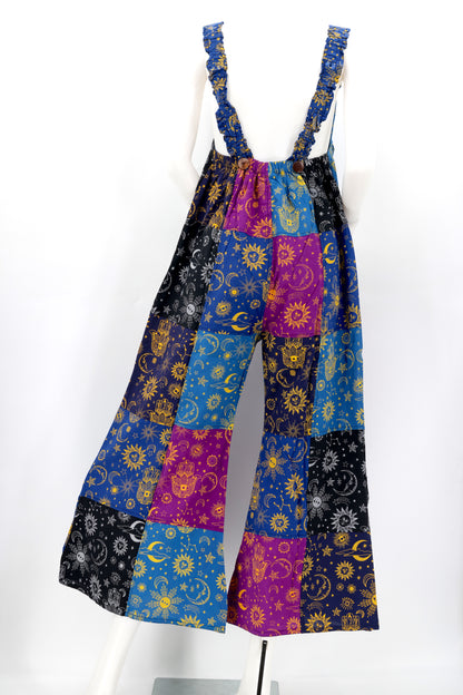 Celestial Patchwork Overalls | Sun, Moon & Stars Wide Leg Jumpsuit