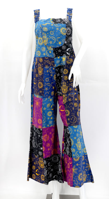 Celestial Patchwork Overalls | Sun, Moon & Stars Wide Leg Jumpsuit