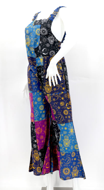 Celestial Patchwork Overalls | Sun, Moon & Stars Wide Leg Jumpsuit