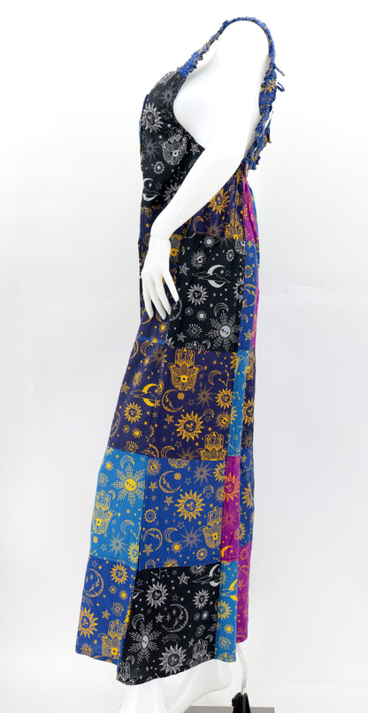 Celestial Patchwork Overalls | Sun, Moon & Stars Wide Leg Jumpsuit