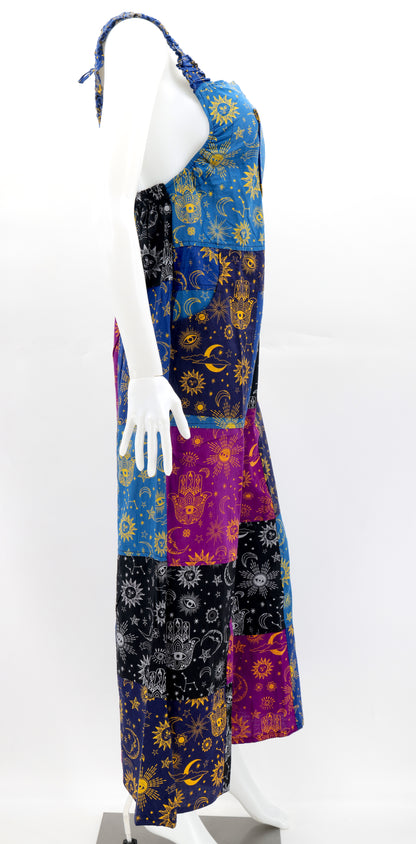Celestial Patchwork Overalls | Sun, Moon & Stars Wide Leg Jumpsuit