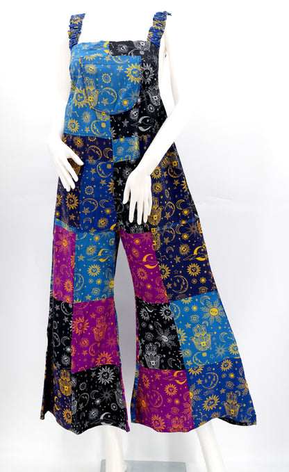 Celestial Patchwork Overalls | Sun, Moon & Stars Wide Leg Jumpsuit
