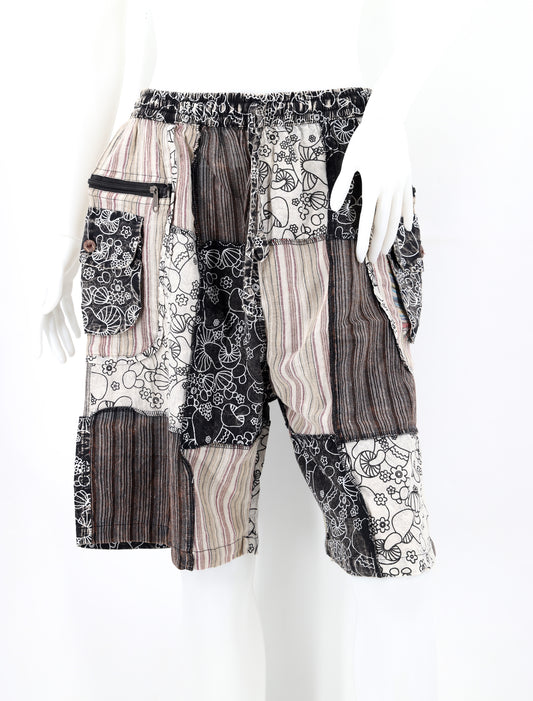 Cotton Hippie Handmade Mushroom Print Patchwork Lightweight Bohemian Shorts