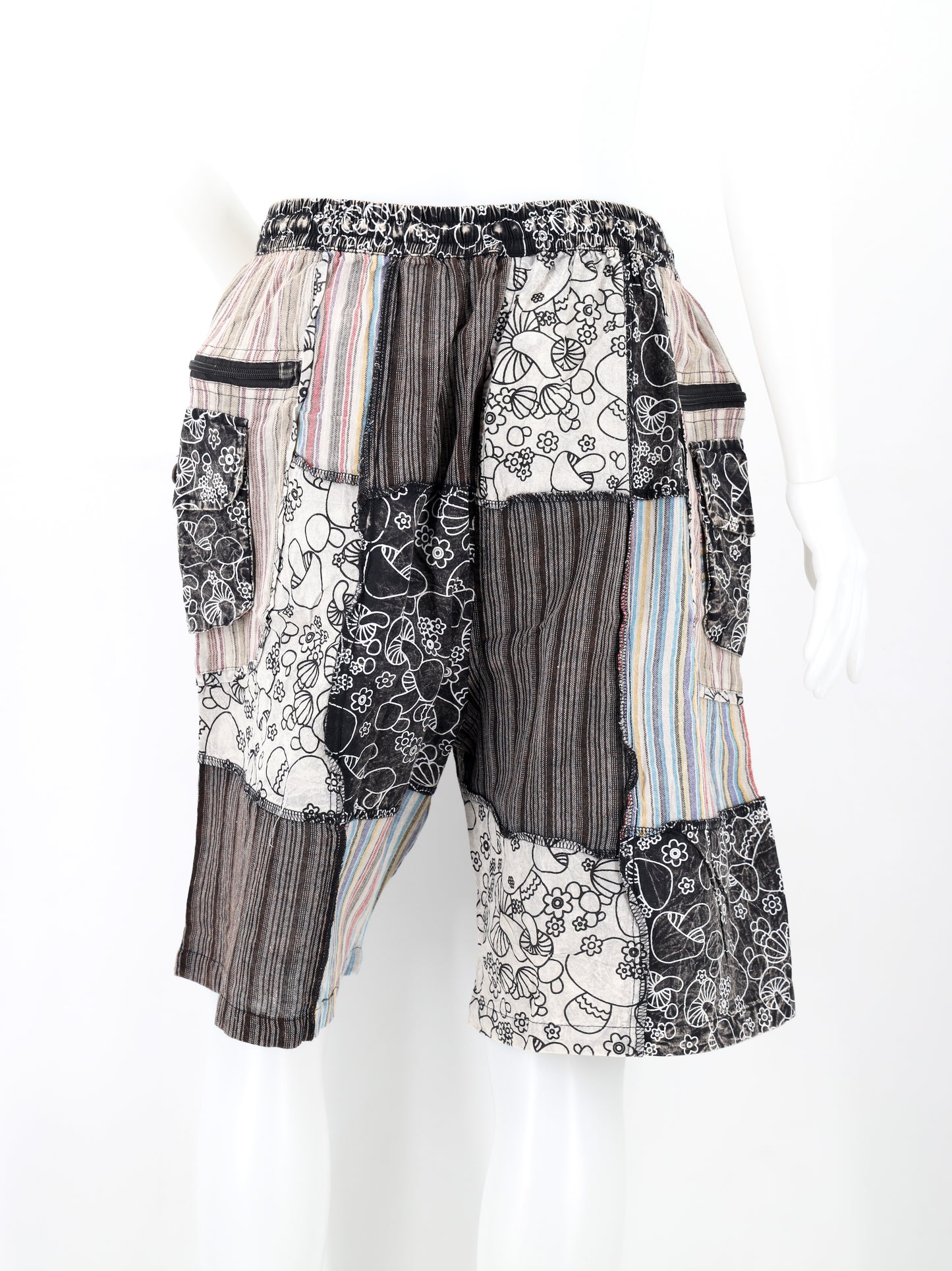 Cotton Hippie Handmade Mushroom Print Patchwork Lightweight Bohemian Shorts