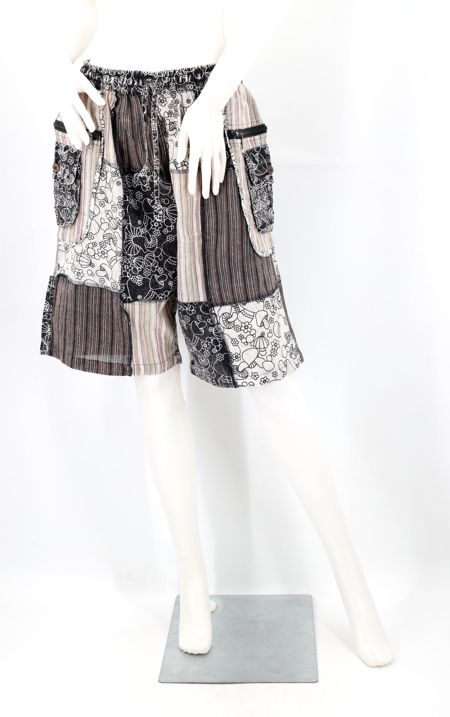 Cotton Hippie Handmade Mushroom Print Patchwork Lightweight Bohemian Shorts