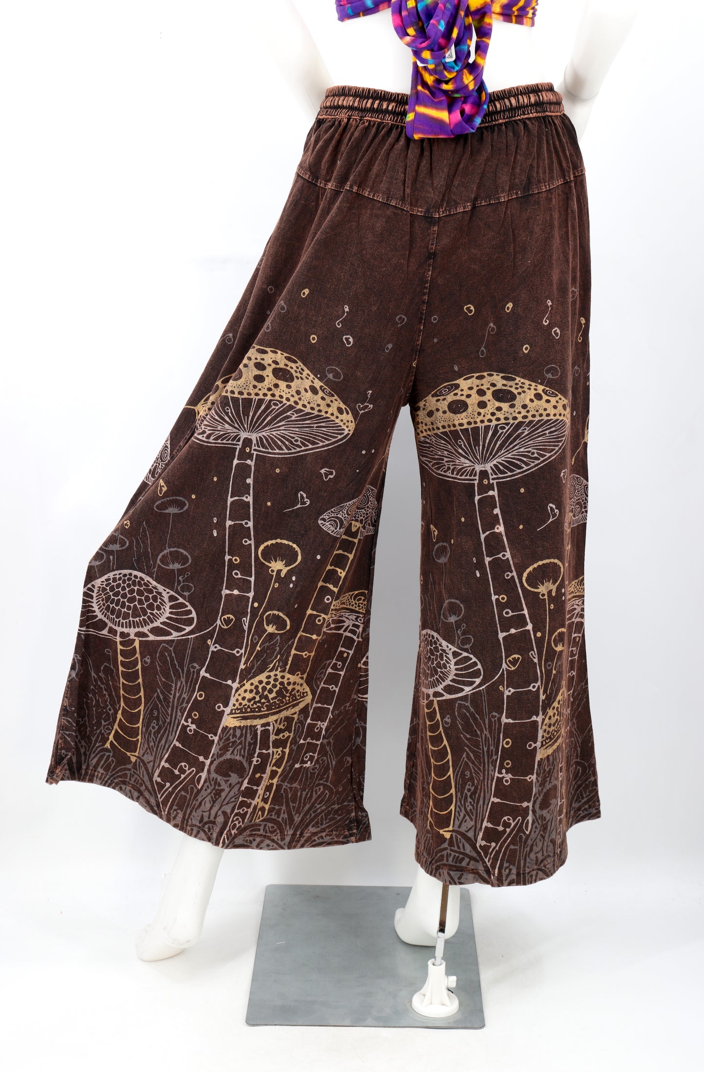 Mushroom Print Wide Leg Palazzo Pants | Stone-Washed Cotton