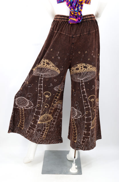 Mushroom Print Wide Leg Palazzo Pants | Stone-Washed Cotton