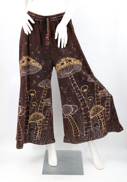 Mushroom Print Wide Leg Palazzo Pants | Stone-Washed Cotton