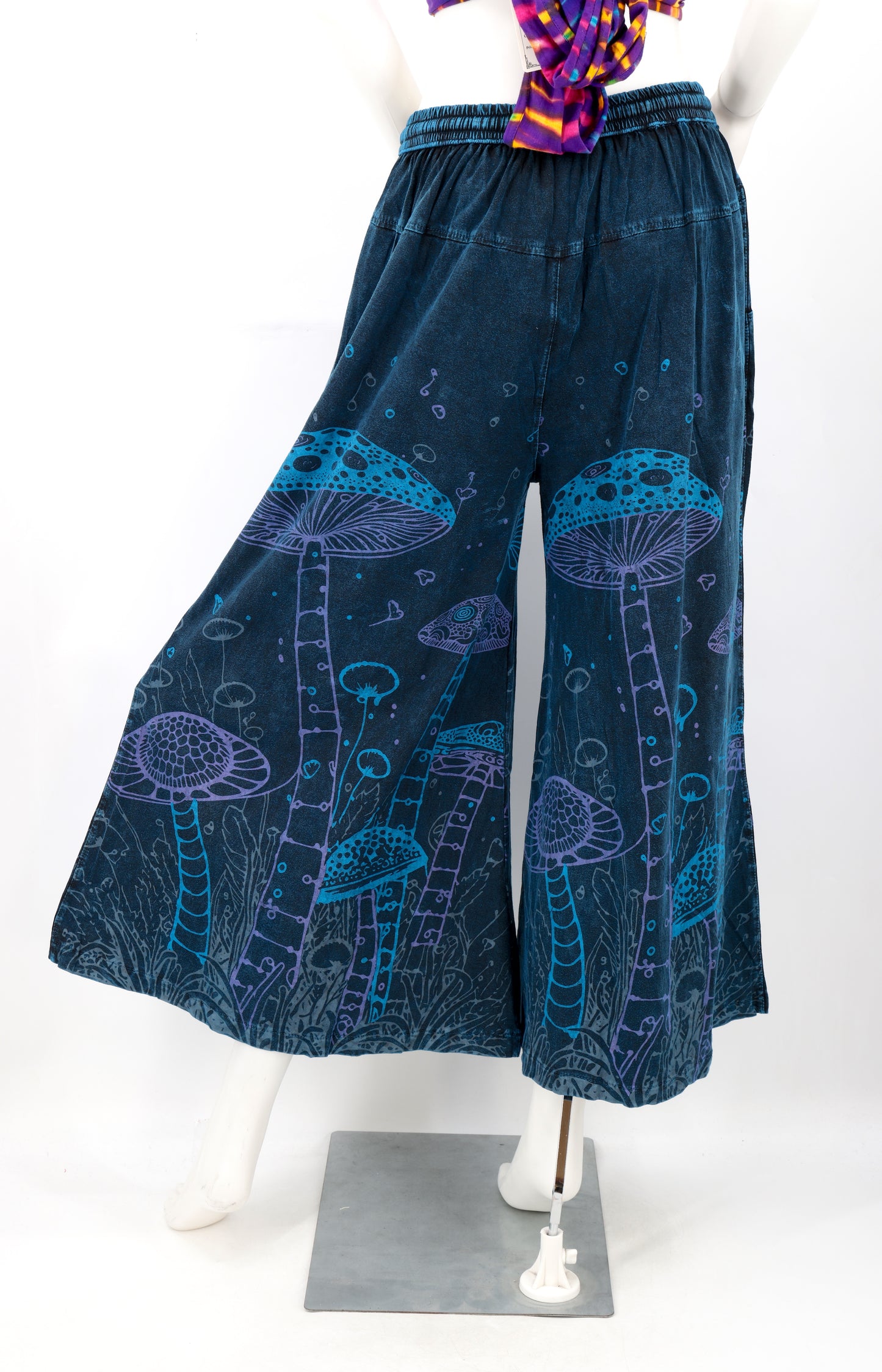 Mushroom Print Wide Leg Palazzo Pants | Stone-Washed Cotton