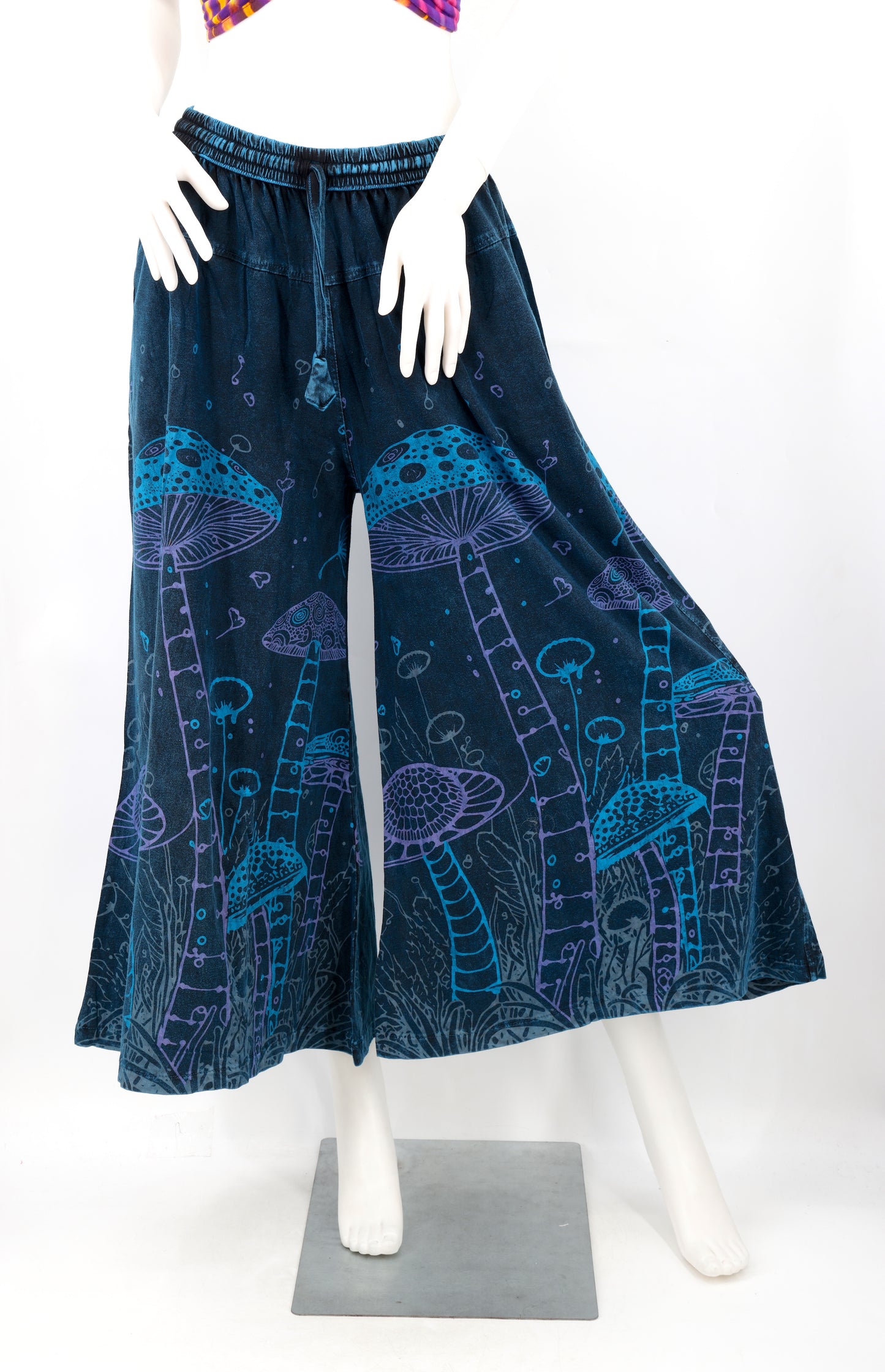 Mushroom Print Wide Leg Palazzo Pants | Stone-Washed Cotton