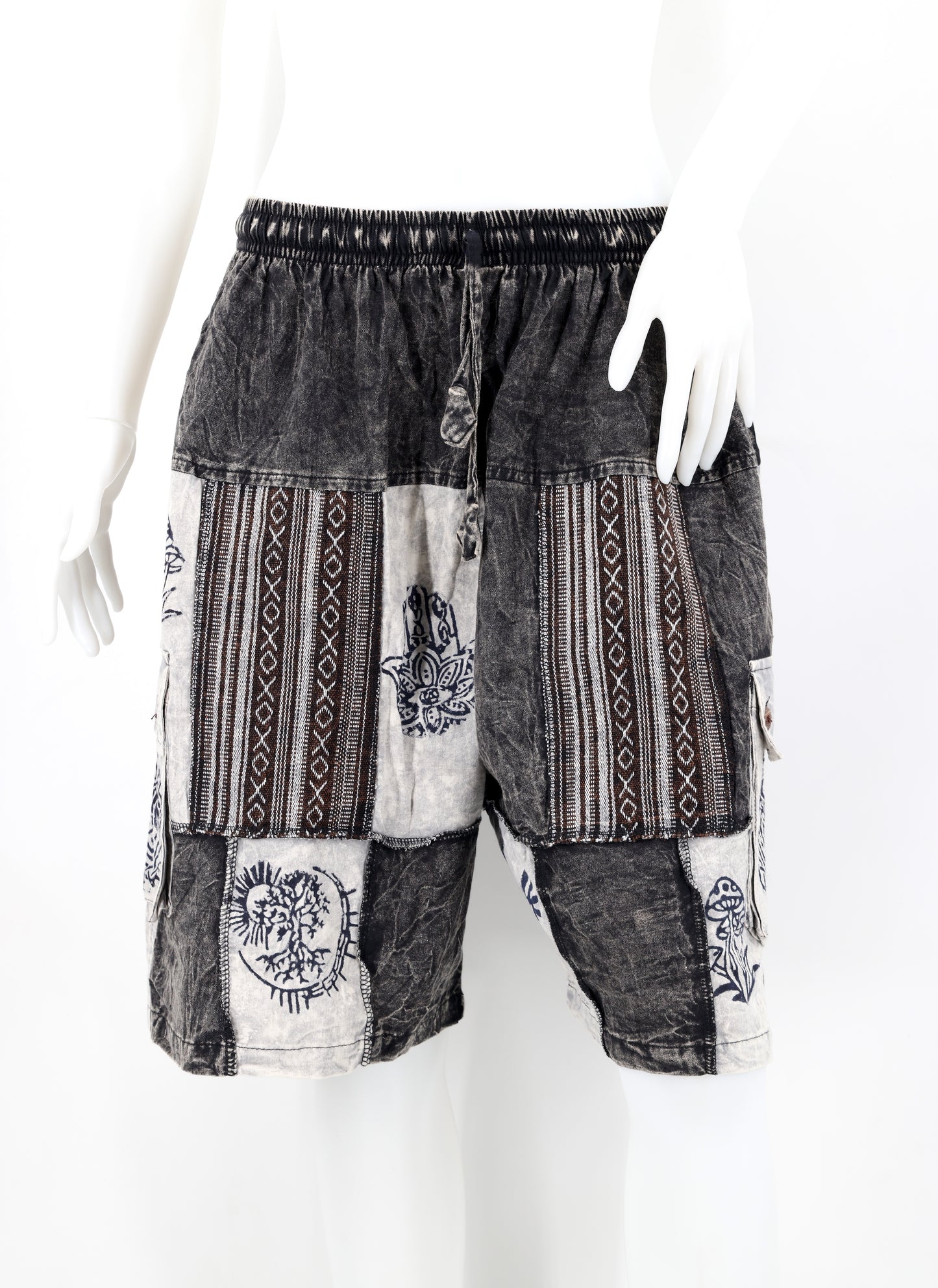 Cotton Hippie Handmade Pagan Symbols Print Patchwork Lightweight Bohemian Shorts