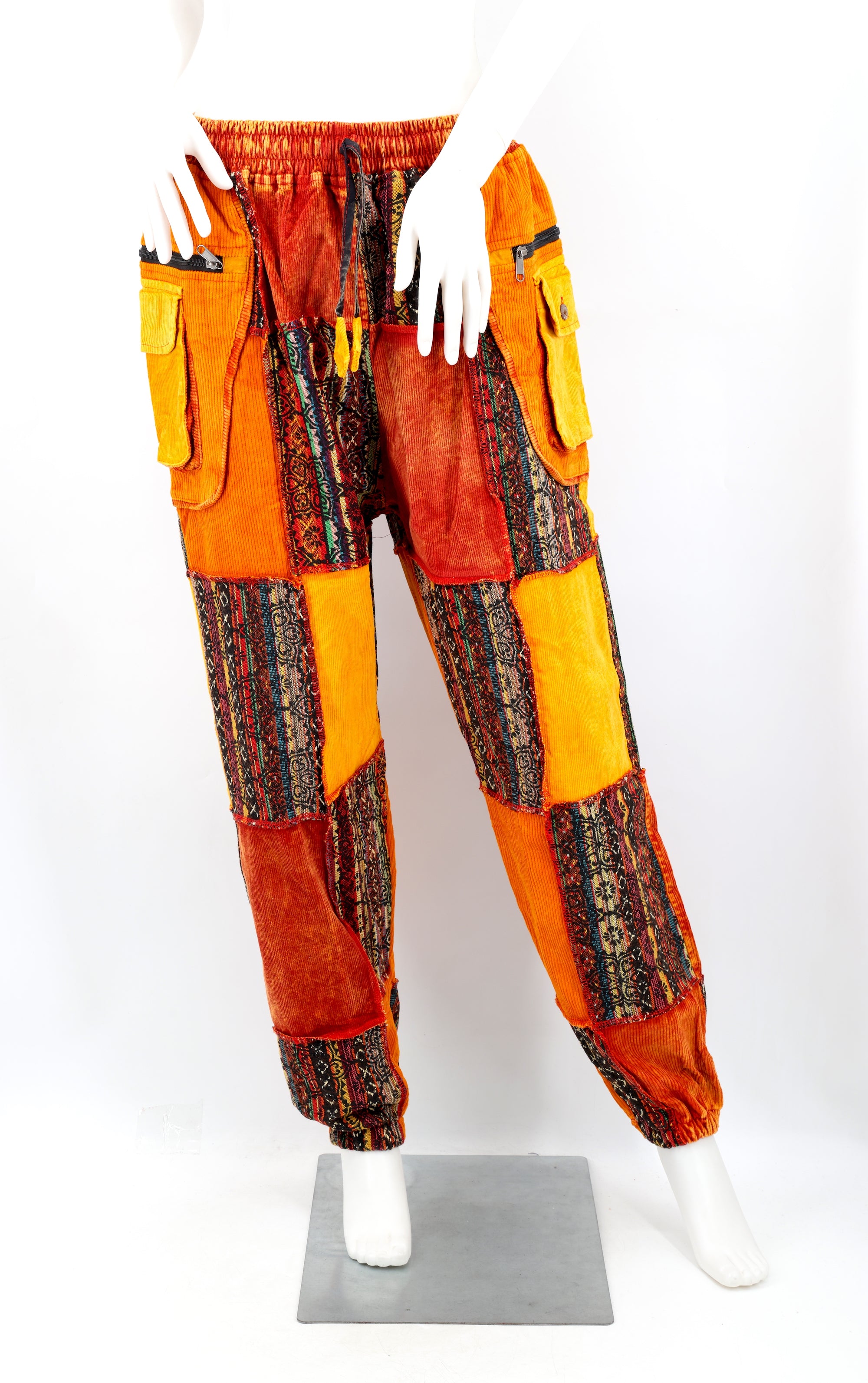 Patchwork Corduroy Palazzo Pants - Handmade Cargo Winter Trousers