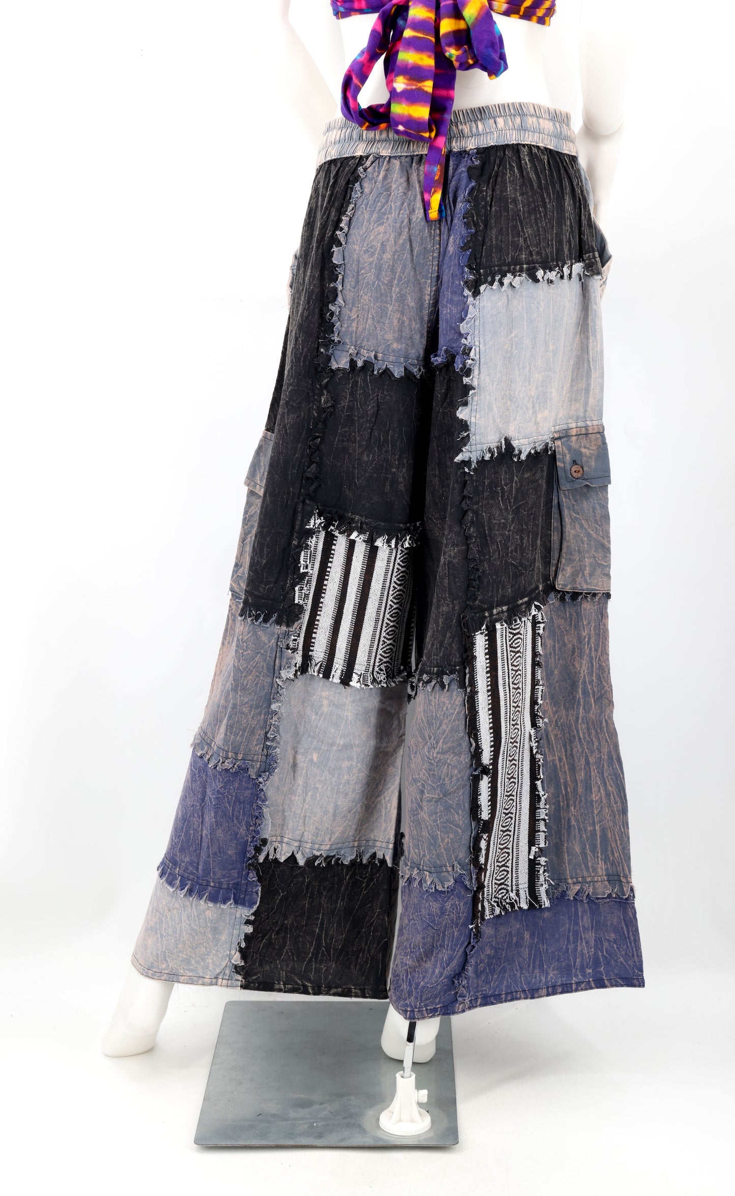 Stone-Washed Patchwork Palazzo Pants | Frayed Edge Wide Leg Cotton