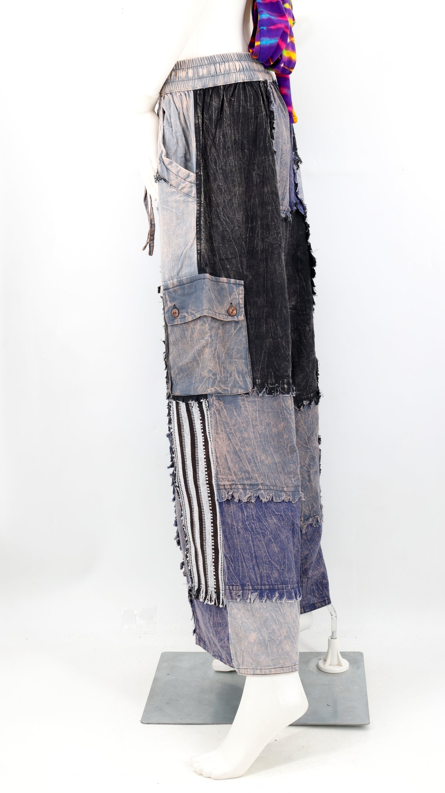 Stone-Washed Patchwork Palazzo Pants | Frayed Edge Wide Leg Cotton