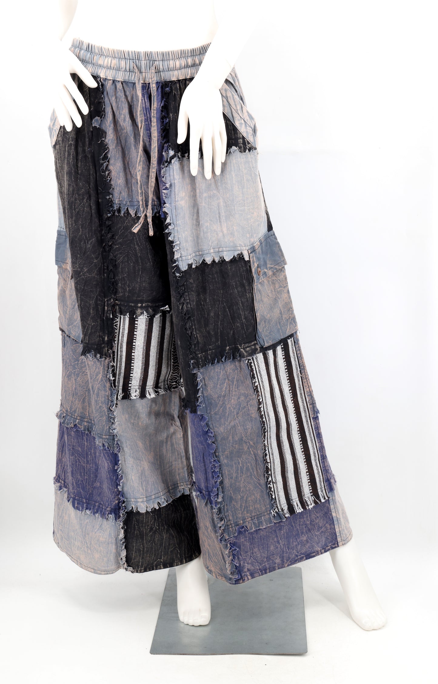 Stone-Washed Patchwork Palazzo Pants | Frayed Edge Wide Leg Cotton