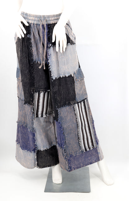 Stone-Washed Patchwork Palazzo Pants | Frayed Edge Wide Leg Cotton
