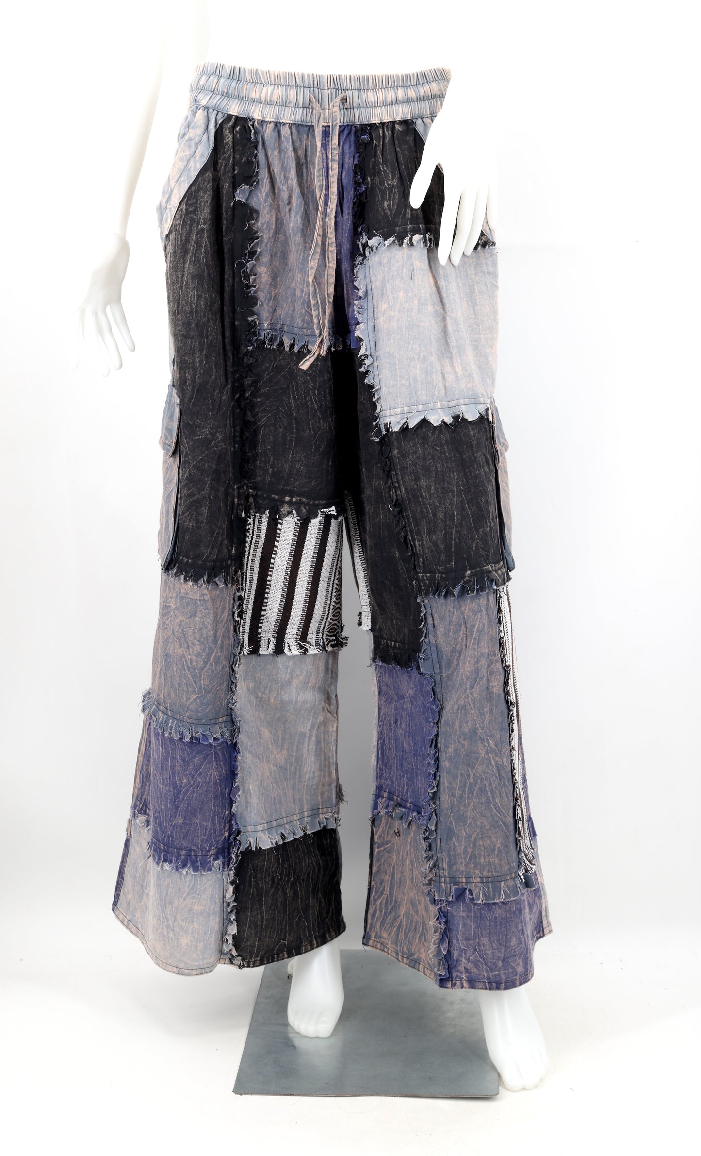 Stone-Washed Patchwork Palazzo Pants | Frayed Edge Wide Leg Cotton