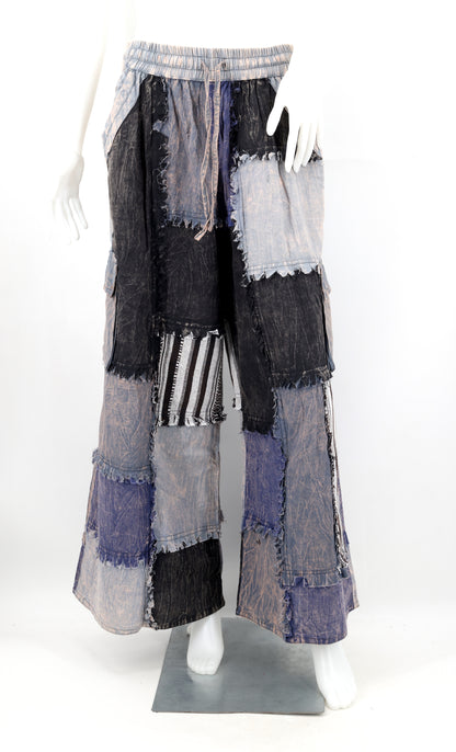 Stone-Washed Patchwork Palazzo Pants | Frayed Edge Wide Leg Cotton