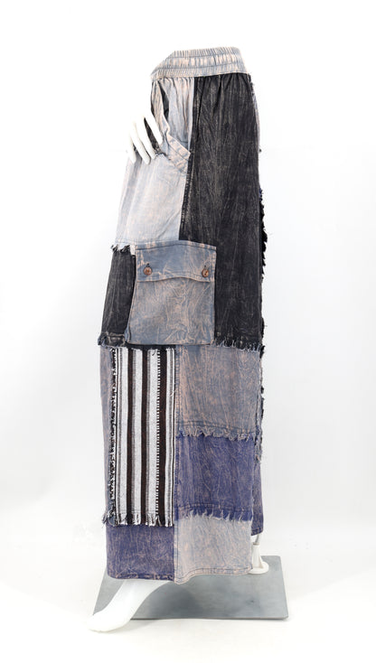 Stone-Washed Patchwork Palazzo Pants | Frayed Edge Wide Leg Cotton