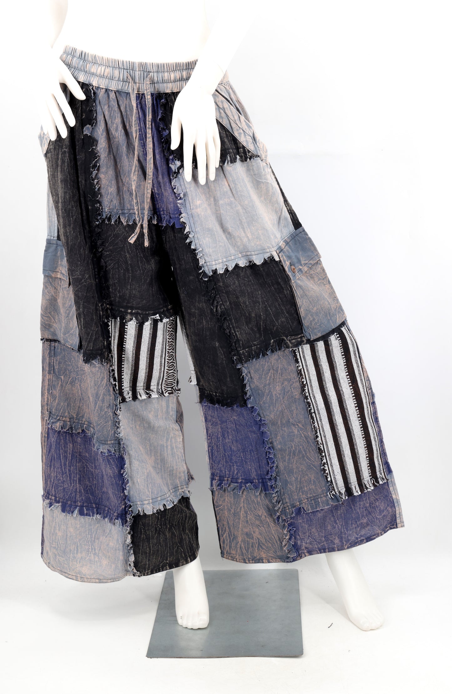 Stone-Washed Patchwork Palazzo Pants | Frayed Edge Wide Leg Cotton