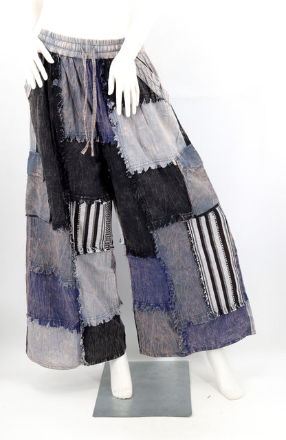 Stone-Washed Patchwork Palazzo Pants | Frayed Edge Wide Leg Cotton