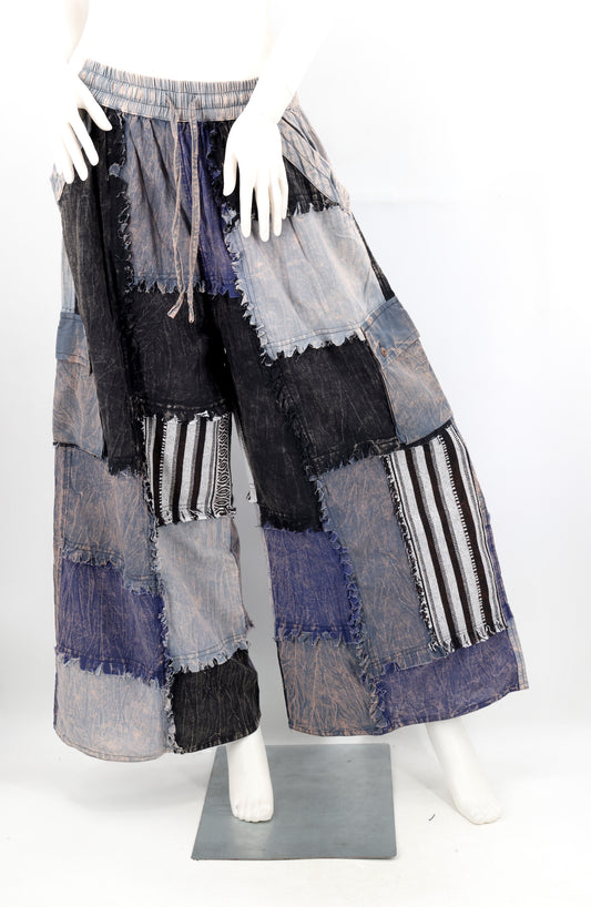 Stone-Washed Patchwork Palazzo Pants | Frayed Edge Wide Leg Cotton