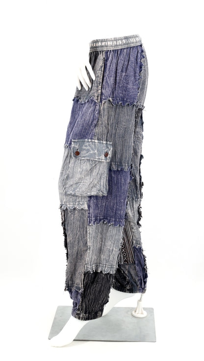 Stone-Washed Patchwork Harem Pants | Frayed Edge Cotton Cargo