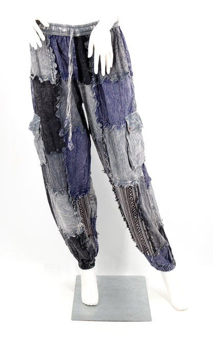 Stone-Washed Patchwork Harem Pants | Frayed Edge Cotton Cargo