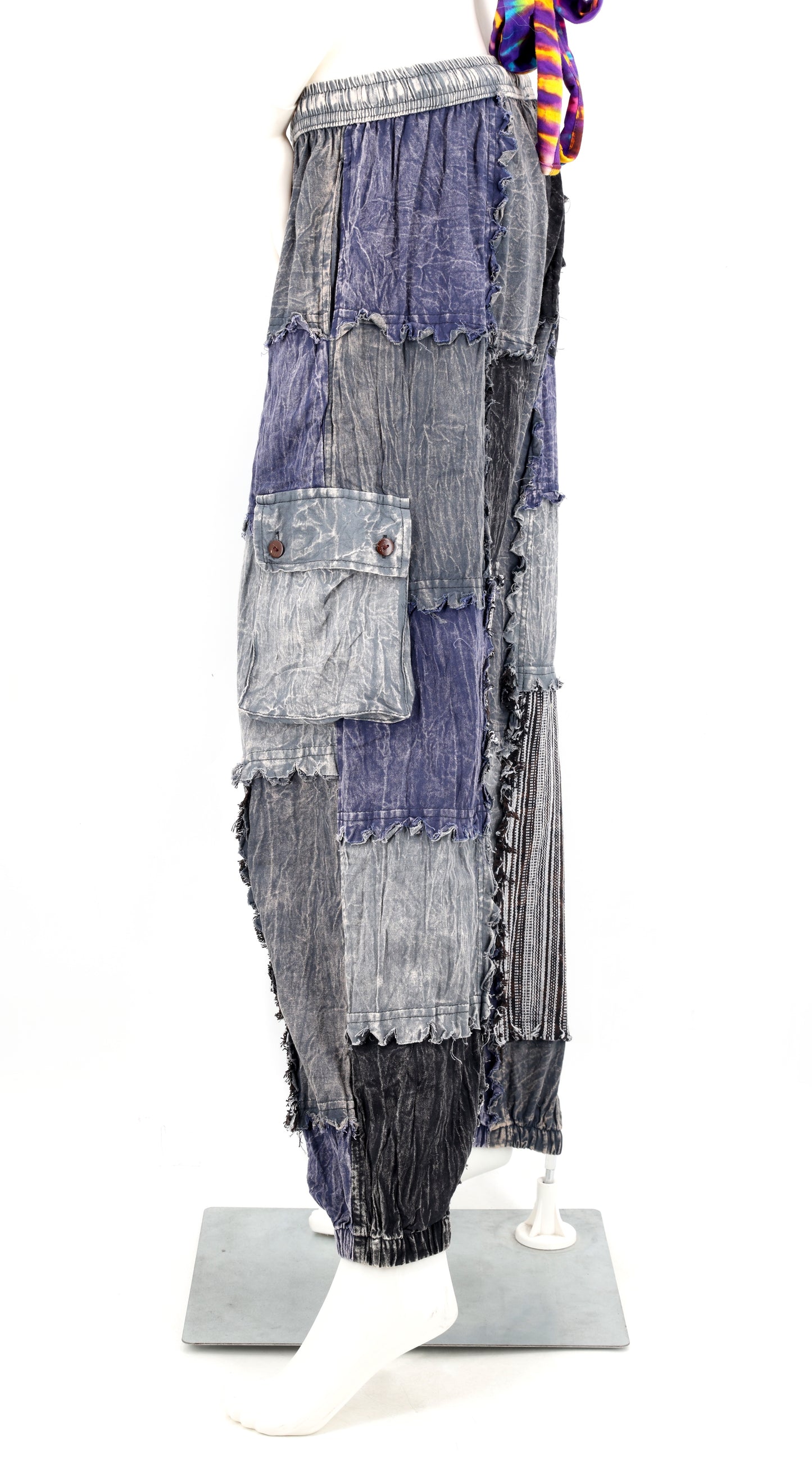 Stone-Washed Patchwork Harem Pants | Frayed Edge Cotton Cargo