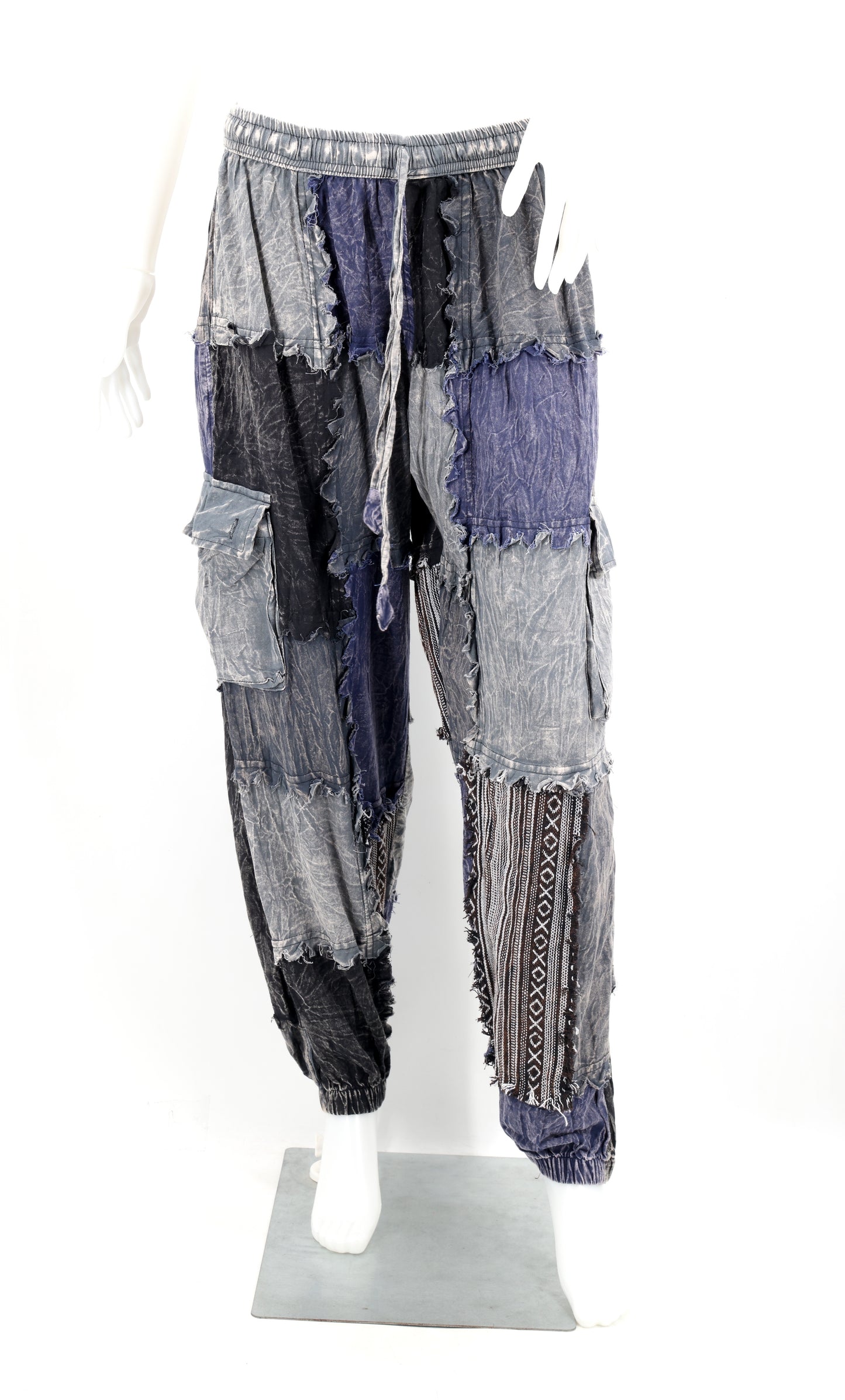 Stone-Washed Patchwork Harem Pants | Frayed Edge Cotton Cargo
