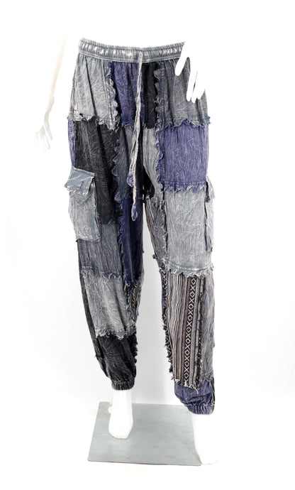 Stone-Washed Patchwork Harem Pants | Frayed Edge Cotton Cargo