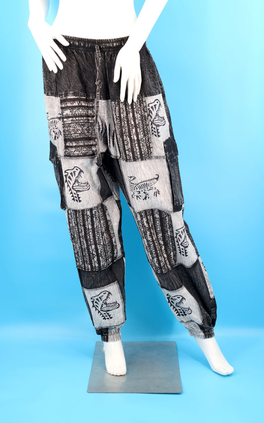 Dinosaur Print Patchwork Harem Pants | Stone-Washed Cotton Cargo