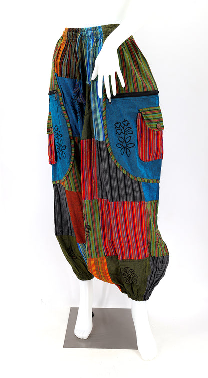 Patchwork Drop Crotch Pants | Colorful Block Print Cotton Harem Pants
