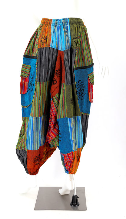 Patchwork Drop Crotch Pants | Colorful Block Print Cotton Harem Pants