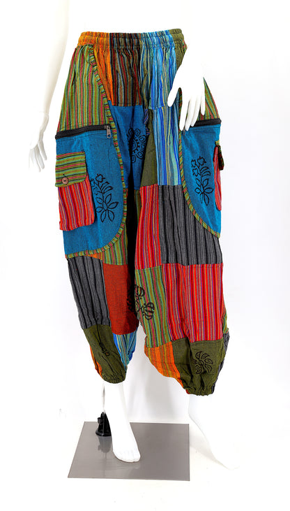 Patchwork Drop Crotch Pants | Colorful Block Print Cotton Harem Pants
