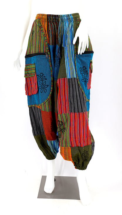Patchwork Drop Crotch Pants | Colorful Block Print Cotton Harem Pants