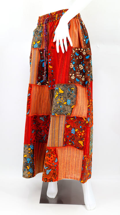 Handmade mushroom design patchwork harem pants with wide-leg silhouette in natural cotton