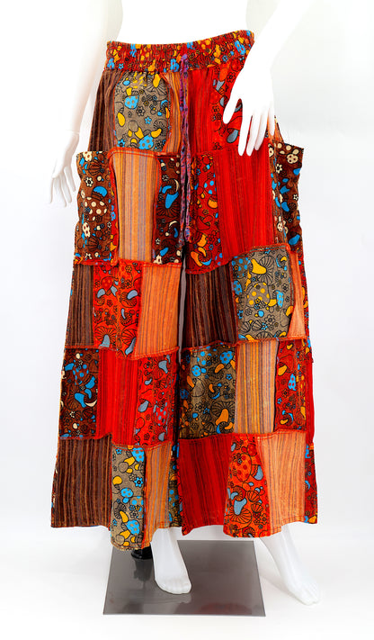 Handmade mushroom design patchwork harem pants with wide-leg silhouette in natural cotton