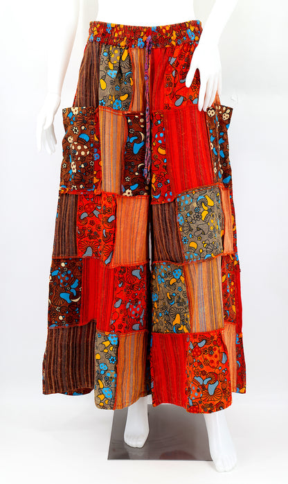 Handmade mushroom design patchwork harem pants with wide-leg silhouette in natural cotton