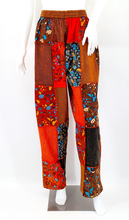 Earth Tone Mushroom Patchwork Cotton Straight Leg Pants