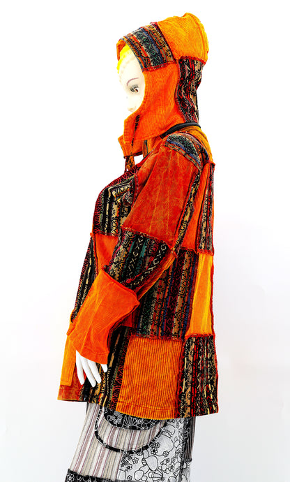 Cotton Hippie Handmade Overlock Corduroy Patchwork Bohemian Hooded Jacket