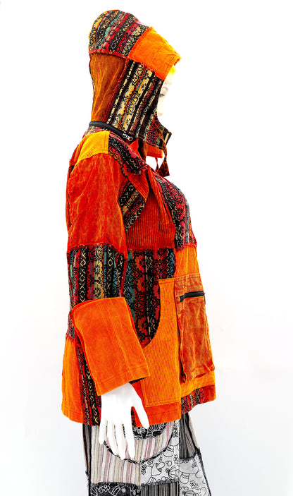 Cotton Hippie Handmade Overlock Corduroy Patchwork Bohemian Hooded Jacket