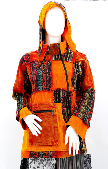 Cotton Hippie Handmade Overlock Corduroy Patchwork Bohemian Hooded Jacket