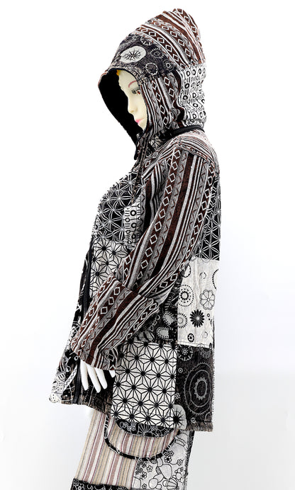 Cotton Hippie Handmade Patchwork Fleece Lined Geometric Print Bohemian Jacket