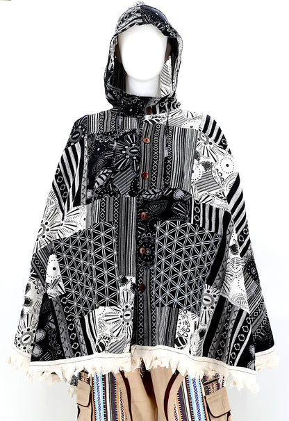 Cotton Hippie Handmade Flower of Life and Geometric Print Patchwork Bohemian Poncho